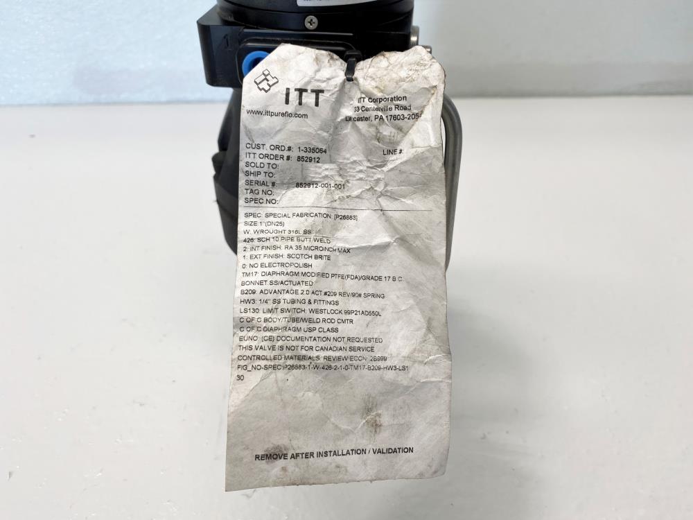 ITT Pure-Flo 1" Butt-Weld Stainless Sanitary Diaphragm Valve w/ B209 Actuator